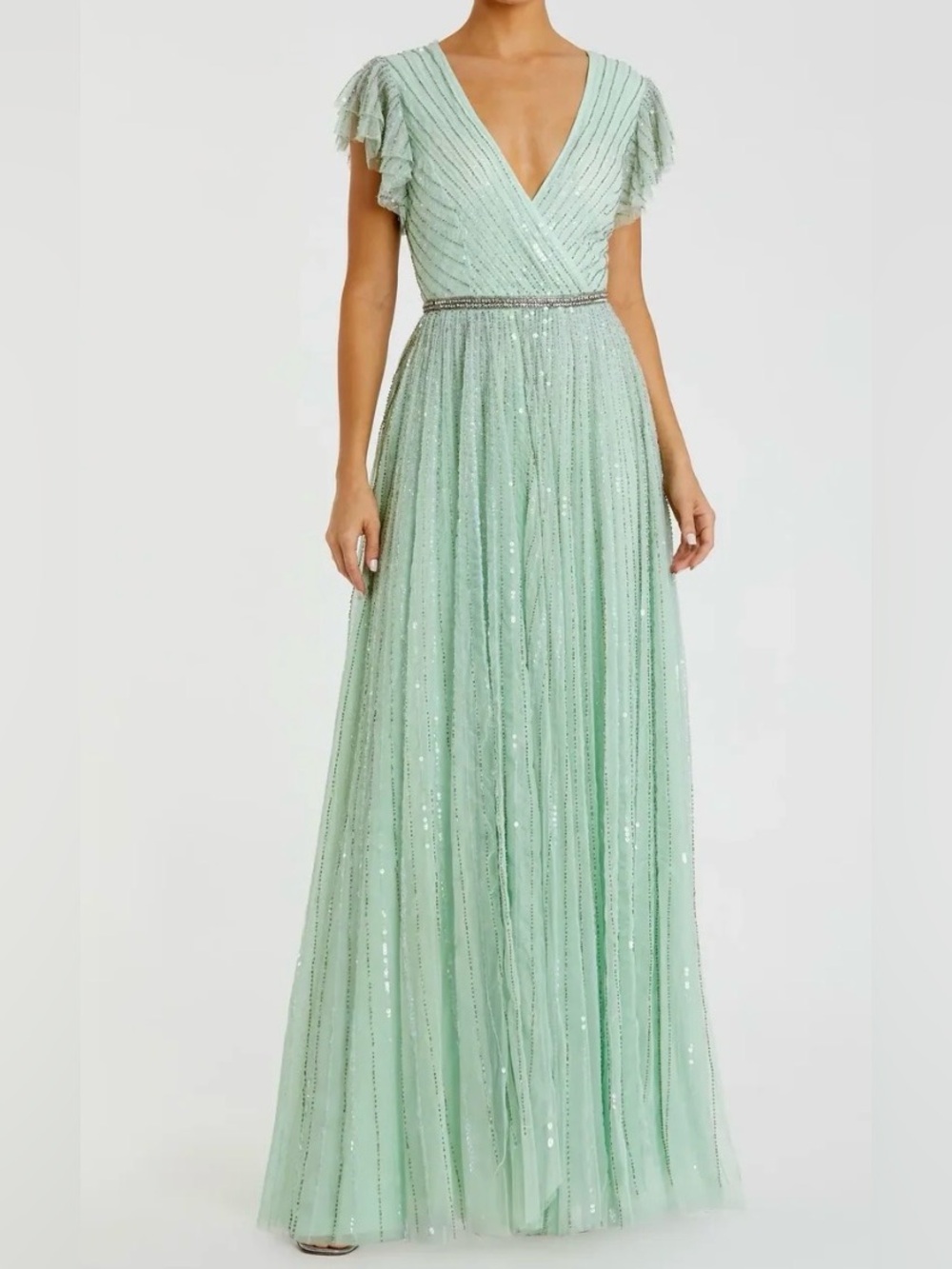 Mac Duggal Sequined Wrap Over Ruffled Cap Sleeve Gown-6
